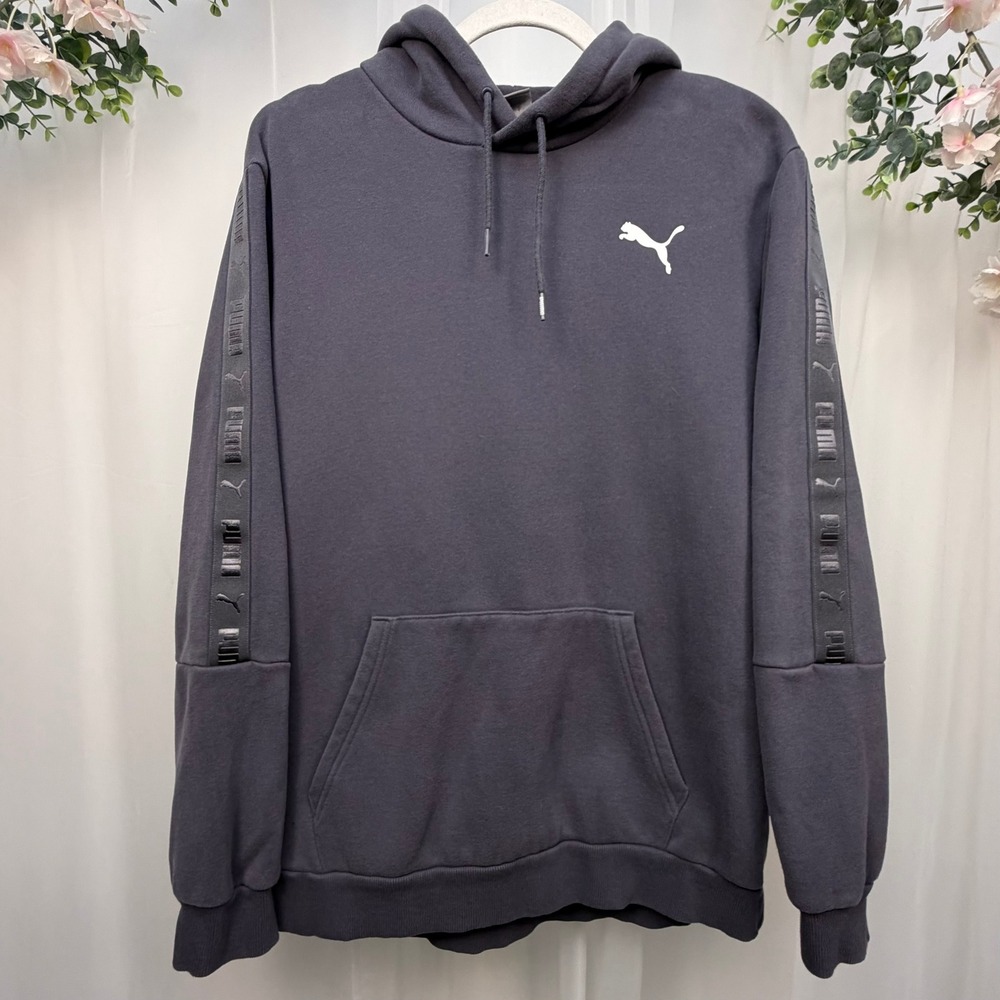 Puma Mens Logo Tape Hoodie Charcoal Gray Fleece Pullover 675537-09 L